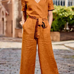 SHORT SLEEVE SOLID COLOR LACE-UP V NECK SOFT ROMPER JUMPSUIT