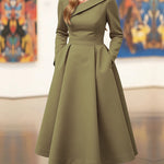 A-Line High Waisted Pleated Pockets Solid Color V-Neck Maxi Dresses