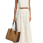Nice Try Embroidered Crochet Lace Tassle Trim Elastic Waist Midi Skirt