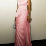 High Waisted Sleeveless Asymmetric Pleated Solid Color Mock Neck Maxi Dresses