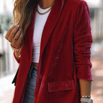 One button solid color mid-length blazer with suit collar