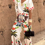 High Waisted Loose Drawstring Elasticity Printed Split-Joint Pants Trousers