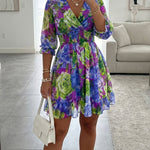 Floral Print Overlap V Neck Long Sleeve Shirred Waist Ruffle Hem Dress Casual Cinched Waist Flared Cuffs Chiffon Vacation Dress with Lining