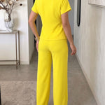 Women's 2 Piece Outfits Short Sleeve Button Down Top and Straight Leg Pants Set Casual Commuter Suits