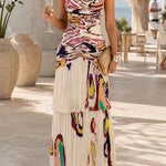 V Neck Abstract Paisley Print Chiffon Maxi Dress
