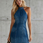 Retro Halter Neck Sleeveless Denim Sleeveless Mini Dress