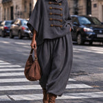 Dark Grey Oversized layered-collar toggle-fastening top and wide-leg trousers set