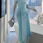 Margovil Off Shoulder Long Sleeves Knot Waist Draped Maxi Dress