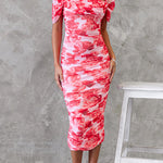 Off Shoulder Ruched Mesh Overlay Slim Fit Floral Midi Dress