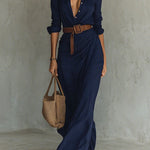 Margovil Lapel Long Sleeves Button Up Maxi Dress With Belt