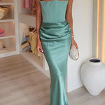 Margovil Strapless Ruched Satin Splice Bodycon Maxi Dress