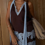 Sleeveless V Neck Lace Trim Satin Scarf Top