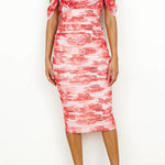 Off Shoulder Ruched Floral Midi Bodycon Dress
