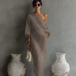 Women's Ivory White Cotton-Linen Blend One-Shoulder Flowing Elegant Dress