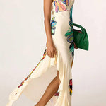 One Shoulder Sleeveless Floral Print Ruffle Slit Maxi Dress