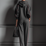 Women's Dark Gray Air Layer Red Contrasting Edge Hooded Sweatshirt And Straight Pants Set
