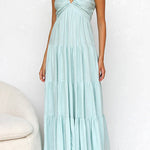 Margovil V Neck Ruffle Trim Tiered Sleeveless Linen Maxi Dress