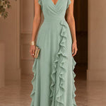Margovil V Neck High Waist Solid Ruffle Maxi Dress