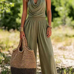 Margovil Halter Cowl Neck Sleeveless Top Elastic Waist Wide Leg Pants Set