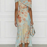 Margovil Off Shoulder Floral Print Irregular Hem Midi Dress