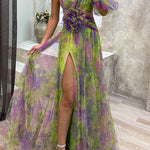Margovil One Shoulder Waisted High Slit Mesh Overlay Printed Maxi Dress