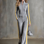 Retro Sporty Gray Ribbed Velvet Yellow Side-Stripe Stand-Collar Zip-Up Belted Wide-Leg Jumpsuit