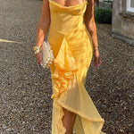 Margovil Spaghetti Strap Mesh Splice Draped Ruffle Maxi Dress