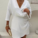 Wrap V Neck Side Drawstring Satin Mini Dress