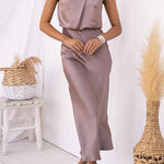 High Neck Zipper Back Waisted Satin Midi Dress