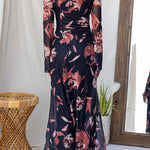 Round Neck Long Sleeves Floral Print Maxi Dress