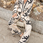 Margovil Coral Reef Print Long Sleeves Blouse Shirt Wide Leg Pants Satin Set