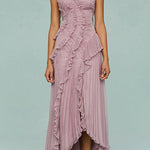 Margovil Strappy Halter Neck Ruffle Trim Asymmetric Hem Pleated Maxi Dress