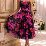 Women's Floral Print Cami Midi Dress Sexy Ruched Mesh A Line Sundress Elegant Spaghetti Strap Party Dress