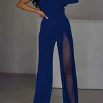 Margovil One Shoulder Long Sleeve Patchwork Wide Leg Jumpsuit