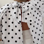 Lantern Long Sleeves Bow Back Slit Polka Dot Top