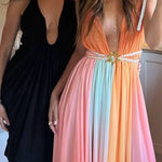 Deep V Neck Sleeveless Rainbow Maxi Dress