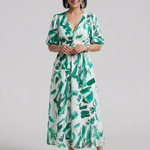 Candlia | Puff Sleeve V Neck Abstract Print Midi Dress