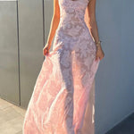 Margovil Spaghetti Strap Back Lace-up Applique Flower Lace Maxi Dress