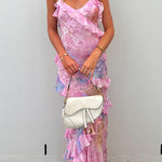 Margovil Ruffle Trim Open Back Printed Maxi Cami Dress
