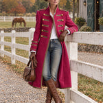 Vintage Military Magenta Gold Button Braided Trim Stand Collar Long Wool Coat