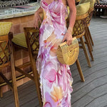 Margovil V Neck Backless Ruffle Trim Slit Floral Print Maxi Cami Dress