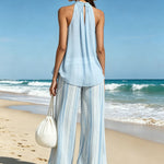 Vacation Light Blue Chiffon Sleeveless Top And Striped Wide-leg Pants Set