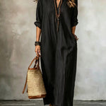 HAVEN | Long Sleeve Maxi Dress V-Neck Striped Style with Side Pockets