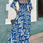 Off Shoulder Bell Sleeves Boho Print Swing Maxi Dress