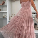 Romantic Movie Tulle Ruched Tiered Hem Slip Maxi Dress