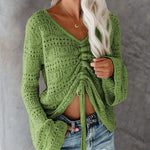 Front Tie Crop Knits Tops Ruched Drawstring Knitted V Neck Long Sleeve T Shirts