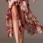 Asymmetric Hem Ruffled Tie-Dye Satin Slip Dress