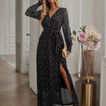 V-neck High Split Long Evening Dress with Belt