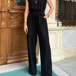 Solid Color Loose Belted Tie Wide Leg Jumpsuit