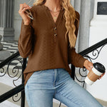Solid Color V-Neck Buttoned Jacquard Loose-Fitting Long-Sleeved T-Shirt Top